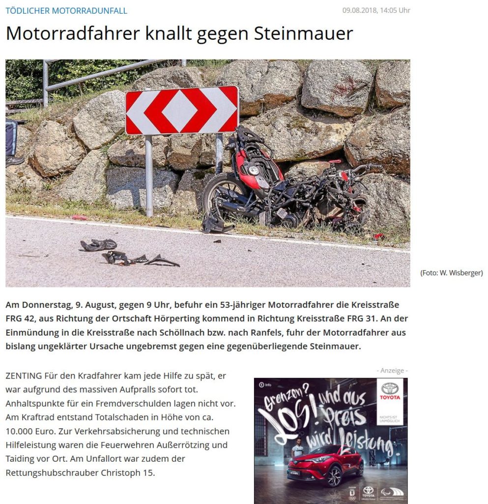 Motorradfahrer Knallt Gegen Mauer Und Verunglückt Tödlich Bei ...